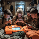 Family sitting at a table reviewing a printed emergency communication plan with a map, walkie-talkies, and a contact list.